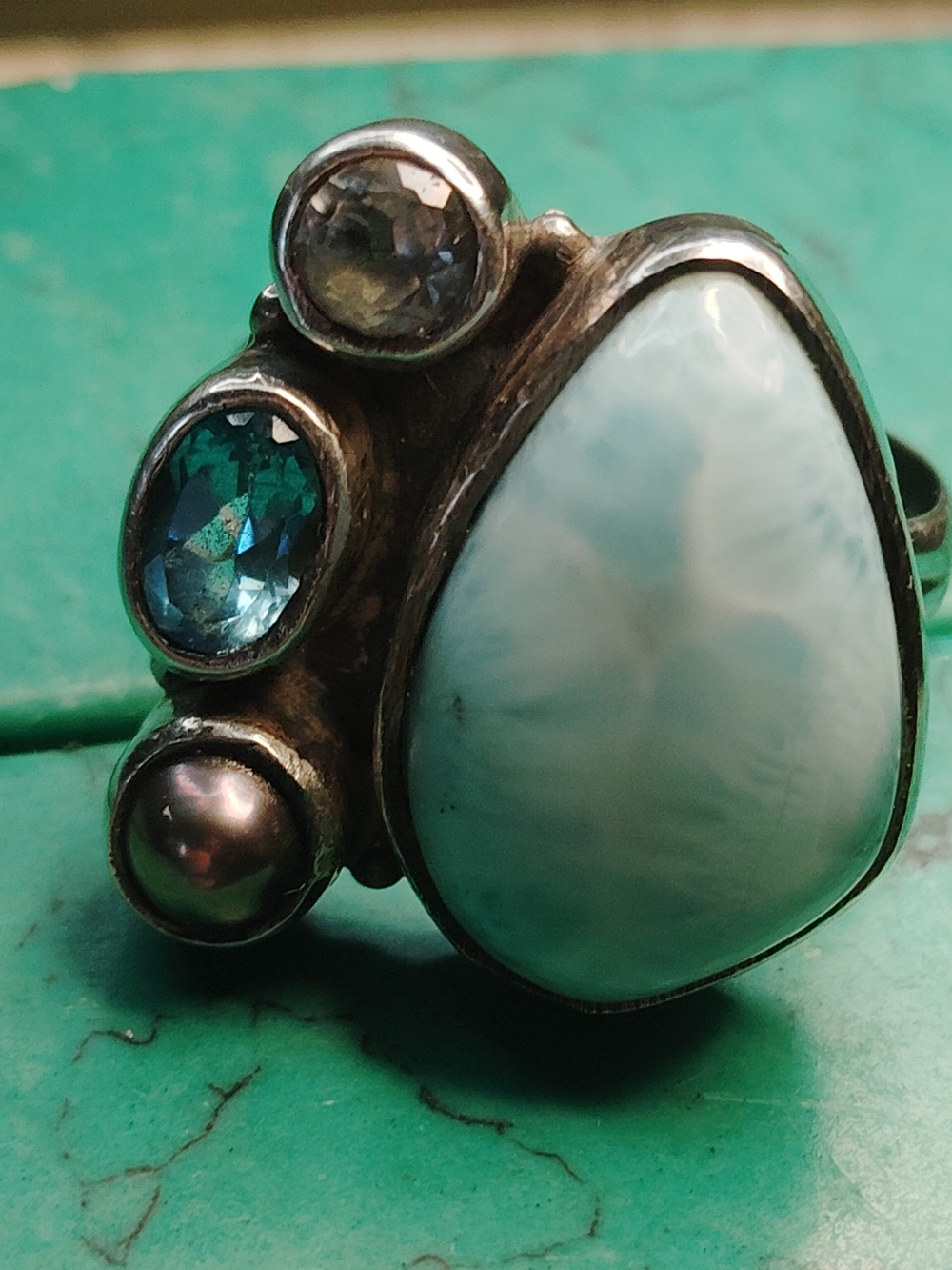 NWT-STERLING  LARIMAR+ -3-ADDITIONAL GEMSTONES & TEARDROP STERLING RING. SIZE 7.